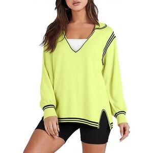 Womens Neon Yellow Collar Long Sleeve Pullover Sweater Top Stripes - XL